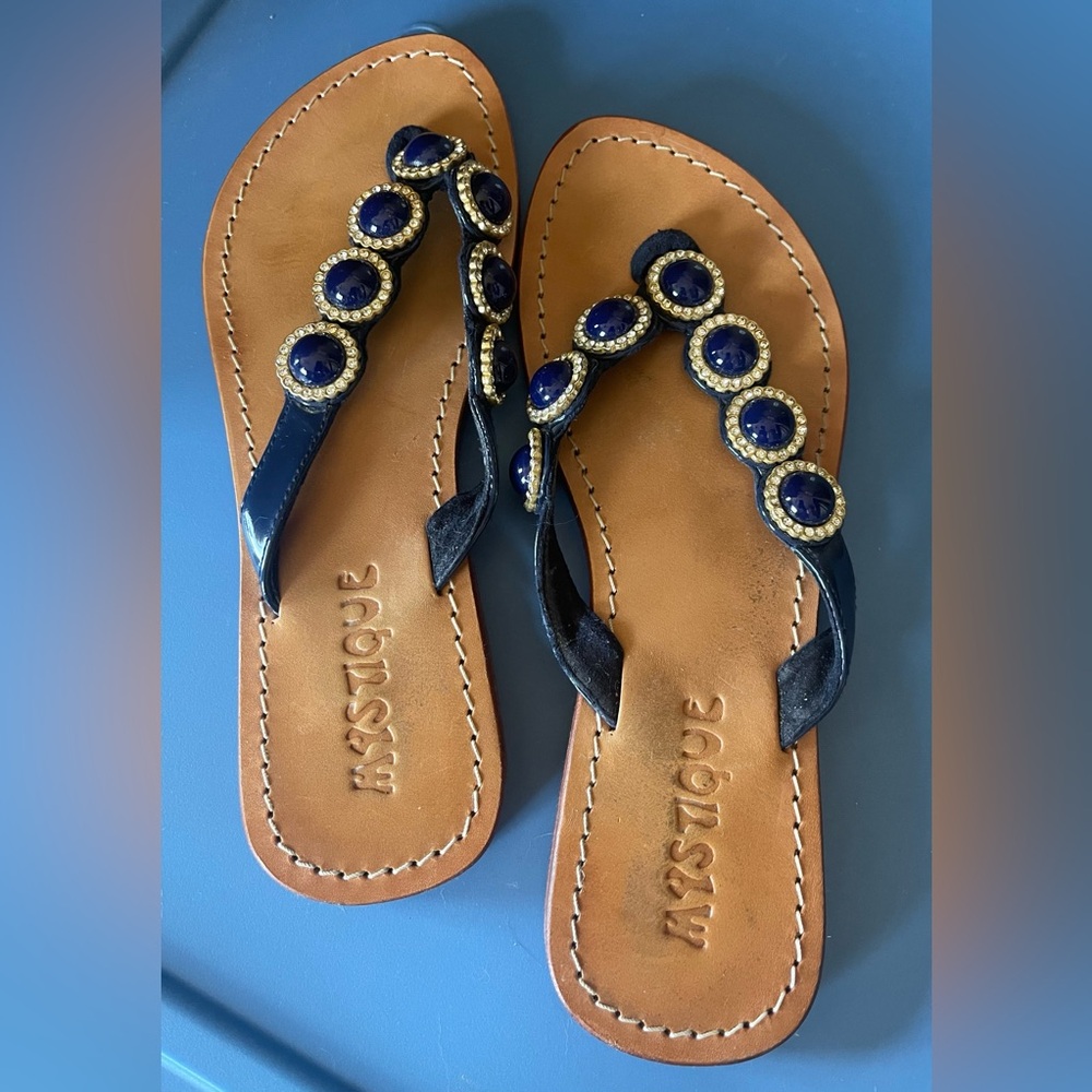 Mystique Boutique Blue and Tan Beaded Sandals